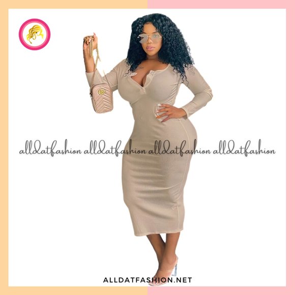 Zoe Plus Size V Neck Long Sleeve Bodycon Midi Dress - Picture 4 of 4